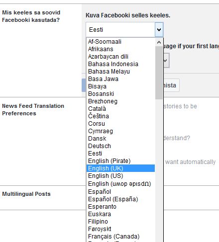 Facebooki keele rippmenüü